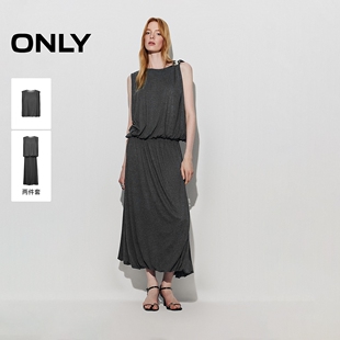 ONLY2026春季新款量感抽褶花苞弹力腰宽肩两件套连衣裙女