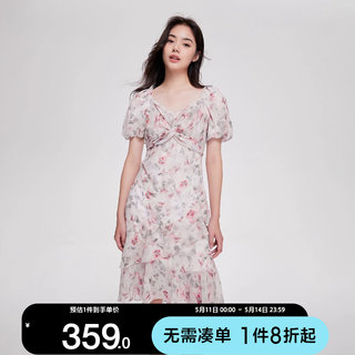 [新]绫致ONLY2023夏季新款法式浪漫收腰中长裙雪纺碎花连衣裙女