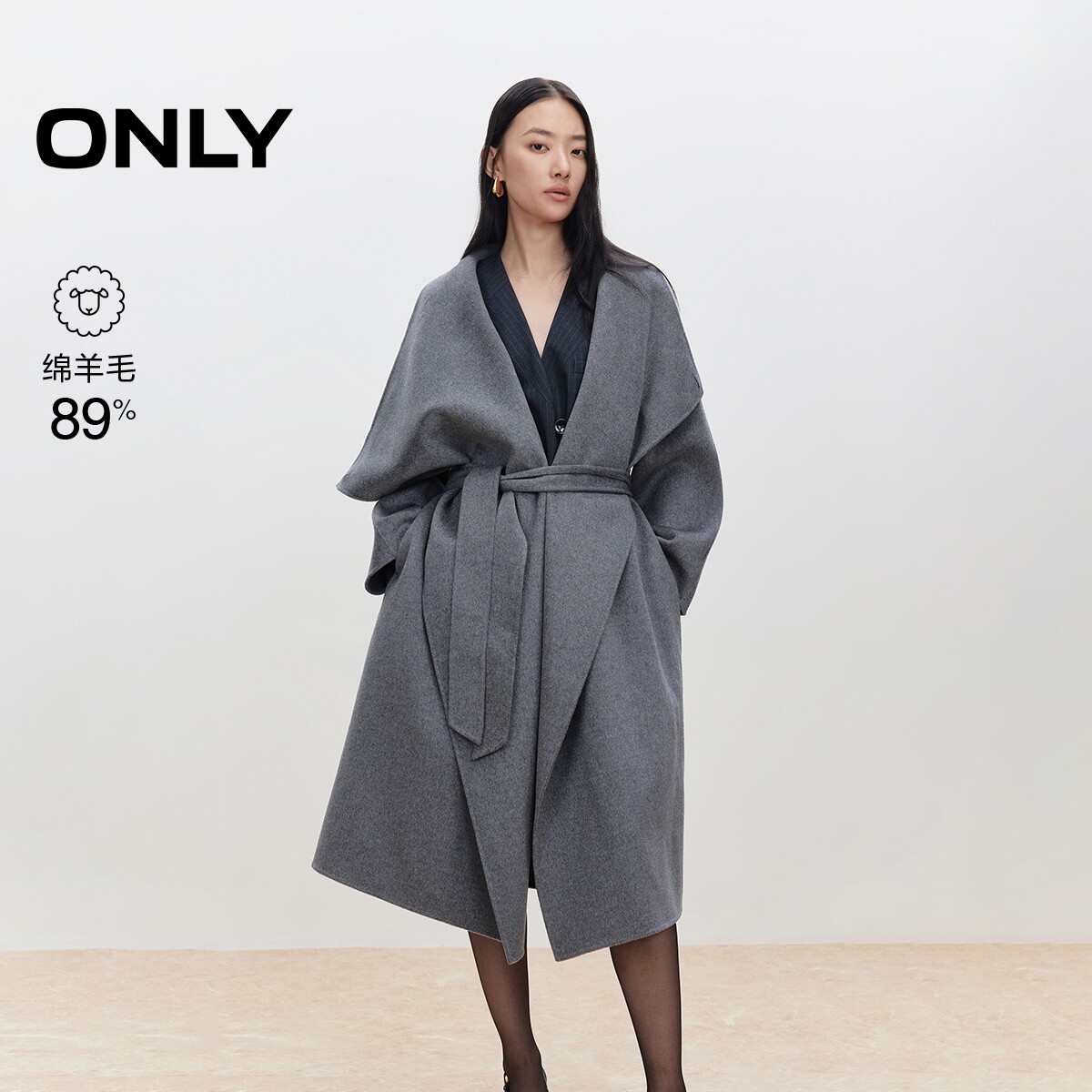 ONLY2025冬新款含绵羊毛双面呢荡领中长款毛呢大衣女|12536U020