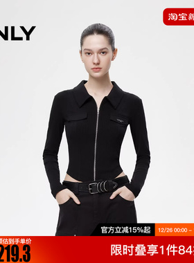 ONLY2025冬新款时尚辣妹风正肩翻领长袖开衫T恤女|12537I001