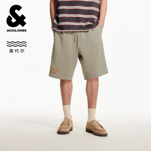 杰克琼斯男装冬新款潮百搭时尚舒适植绒胶印抽绳腰宽松休闲短裤