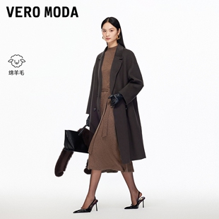 Vero Moda毛呢大衣2025冬季新款翻领纯绵羊毛中长款大衣