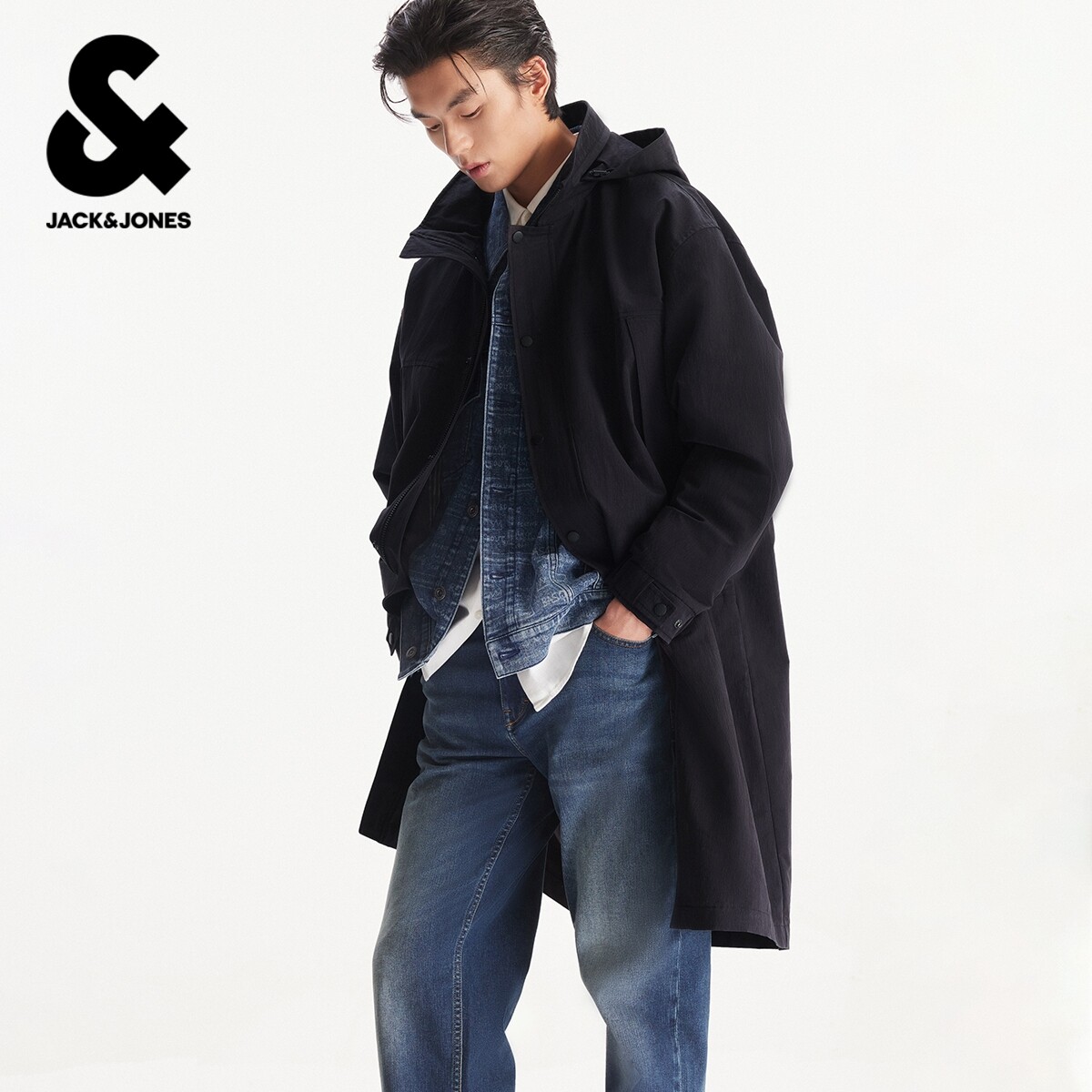 杰克琼斯男装春款夹克外套简约休闲舒适可折叠抽绳连帽宽松中长款