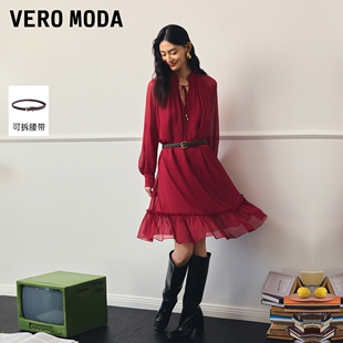Vero Moda连衣裙2026春季新款灯笼袖腰带系带领雪纺长袖连衣裙
