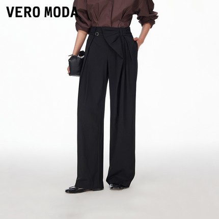 Vero Moda休闲裤女2026春季新款蝴蝶结褶皱可拆腰带宽松阔腿裤