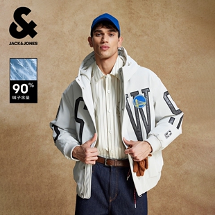 杰克琼斯NBA联名款勇士队宽松百搭日常舒适潮流刺绣连帽羽绒服