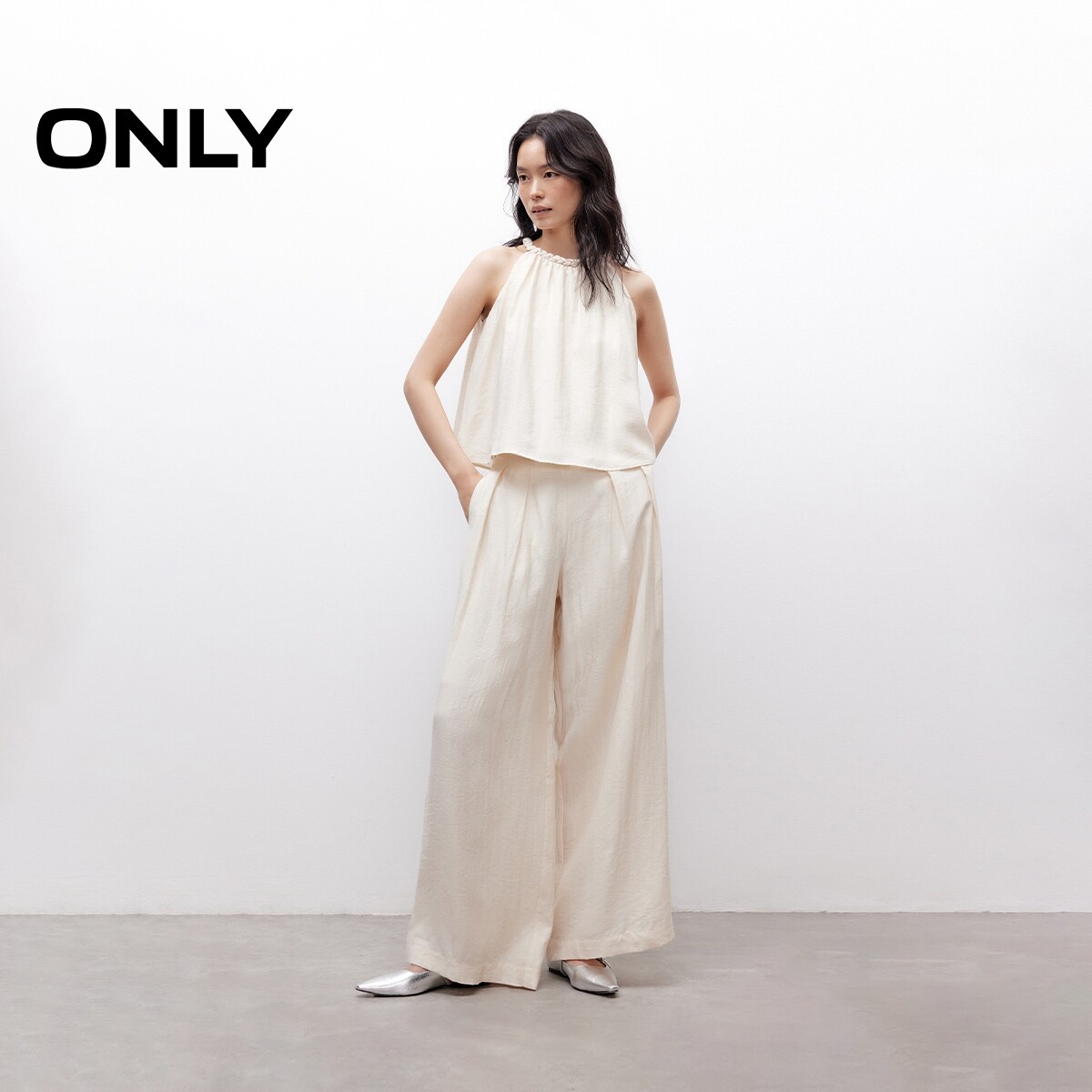 ONLY2025冬季新款时尚气质轻薄宽松亚麻套装休闲裤女|125244004