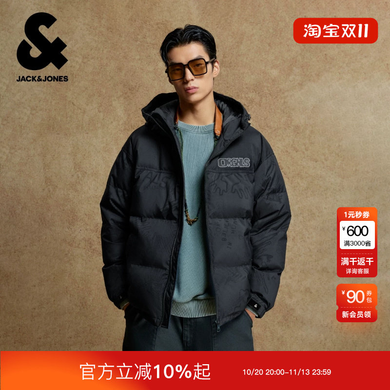 绫致杰克琼斯男装士羽绒服年新款时尚刺绣抽绳连帽廓形保暖外套