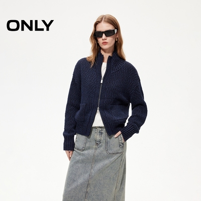 ONLY2025冬季新款双开拉链宽松落肩开衫翻领针织衫女|12613B013