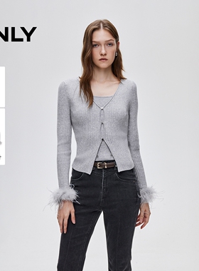 ONLY2025秋季新款羽毛袖口V领正肩两件套针织衫女|12613B008