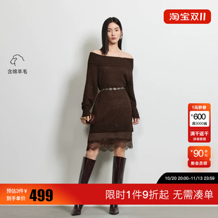 绫致Vero Moda连衣裙含绵羊毛亮片露肩一字领拼接蕾丝下摆短裙