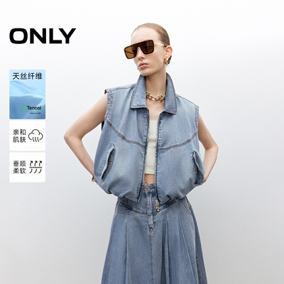 ONLY2025冬新款天丝舒适亲肤翻领短款无袖牛仔衬衫女|12528J001