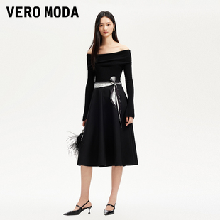 Vero Moda半身裙女2025冬季新款可拆卸丝巾腰带装饰高腰中长伞裙