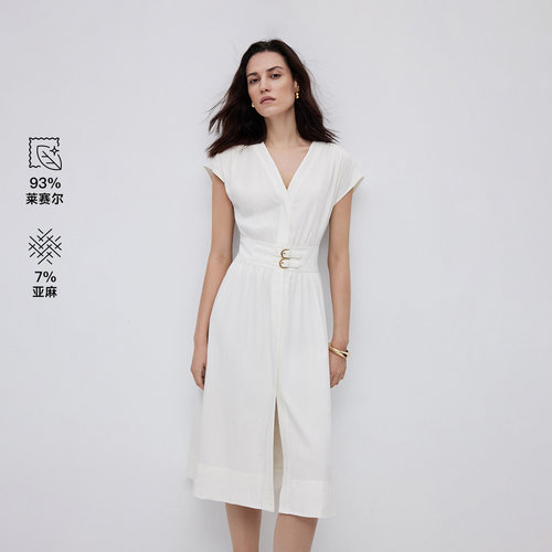 ONLY2026秋季新款含莱赛尔V领开襟短袖中长裙连衣裙女|126307027