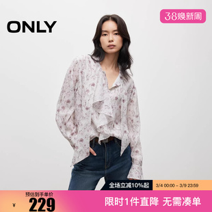 ONLY2025秋季新款浪漫飘带印花系带领口花边衬衫女|125405002