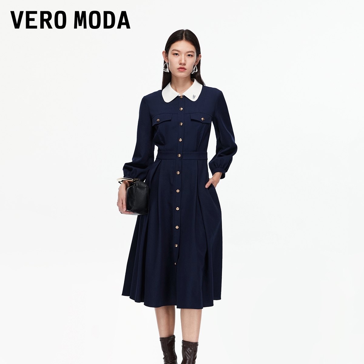 Vero Moda连衣裙2025冬新款撞色翻领高腰线收褶中长裙3253SZ007