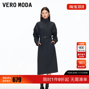 绫致Vero Moda连衣裙新款含棉捏褶腰带开衩收腰中长裙