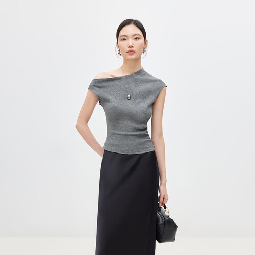 Vero ModaT恤女2026夏季新款纯棉罗纹斜肩无袖修身上衣326203010