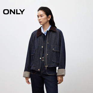 ONLY2025冬新款复古工装撞色条绒翻领宽松牛仔外套女|125454003