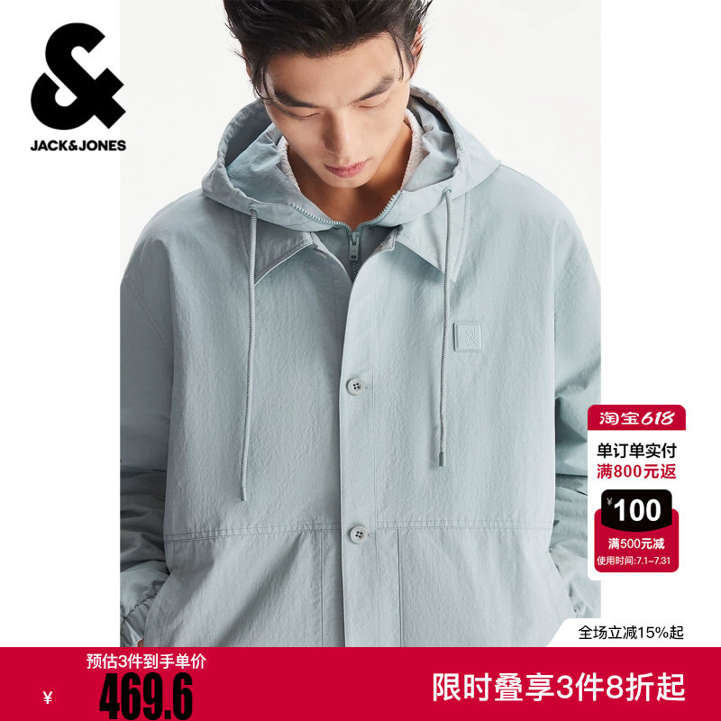 杰克琼斯男装春季夹克外套皮质LOGO潮流时尚简约休闲假两件设计