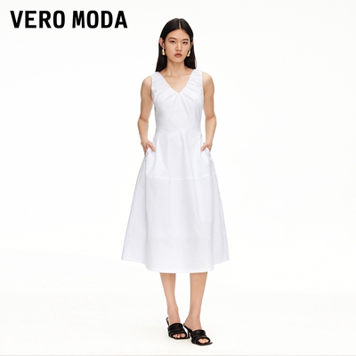 Vero Moda连衣裙2025冬新款纯棉V领捏褶设计收腰裙32527A033