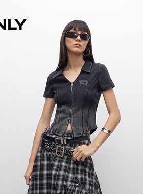 ONLY2025冬新款做旧水洗V领显瘦正肩修身短款T恤女|12527I001