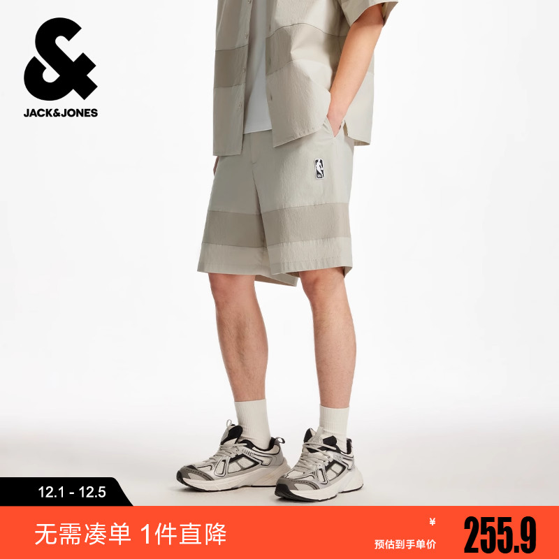 杰克琼斯男装时尚潮流松紧腰头撞色拼接设计字母胶印贴袋男士短裤