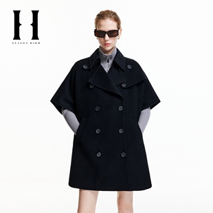 SEASONHIGH秋季女士翻领毛呢外套宽松五分袖潮流纽扣羊毛大衣女款