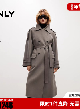 ONLY2025冬新款宽松廓形纯绵羊毛收腰翻领毛呢大衣女|12536U012