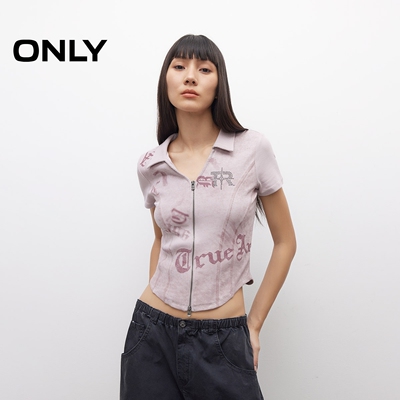 ONLY2025冬新款做旧水洗V领显瘦正肩修身短款T恤女|12527I002