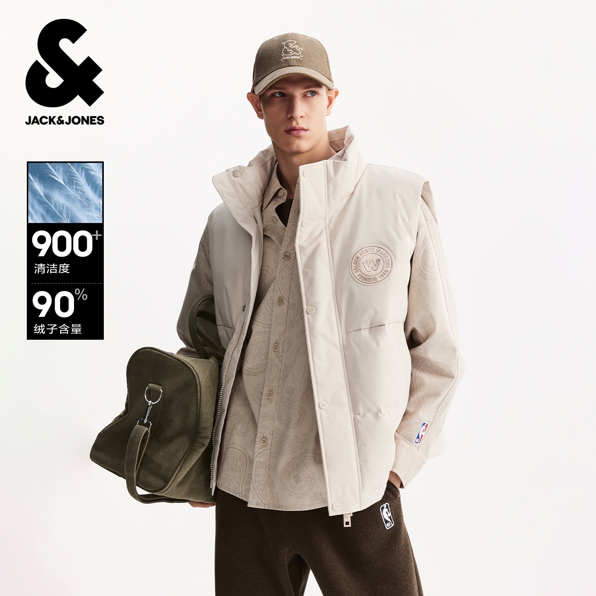 杰克琼斯男装NBA金州勇士队联名秋冬羽绒马甲刺绣立领保暖外套