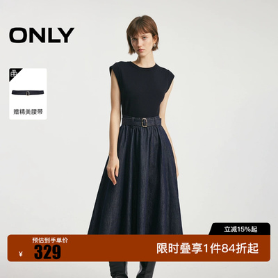 绫致ONLY2026春季新款无袖显瘦腰线假两件拼接牛仔A字连衣裙女