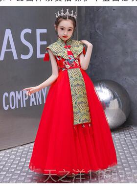 正品舞红色中国儿童礼服女童潮走秀钢琴国主持古筝小提琴台演风出