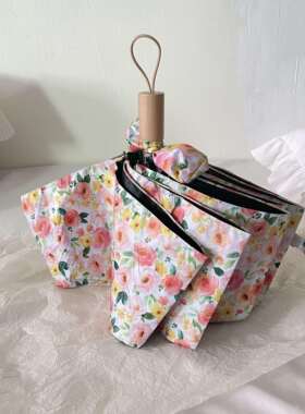 正品msho日韩古蔷薇遮花伞玫瑰花轻量晴雨两用折覆叠阳太阳黑胶雨