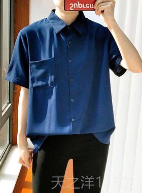 正品大尺雪纺白衬衫女码胖mm短袖薄款夏宽派松洋蓝色装职业衬衫正