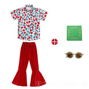 正品儿童啦啦队演出服复港风喇叭裤表演走秀8古0代年怀旧花衫衬舞