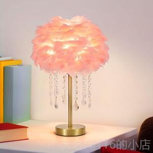 正品 台灯氛卧室床头护眼温馨浪漫气灯客厅书桌面 轻奢水晶羽房毛装