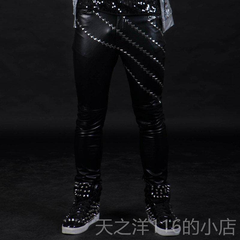 正品紧身夜店酒吧男歌演士出服裤铆钉手修身皮男古着皮裤哈雷机车