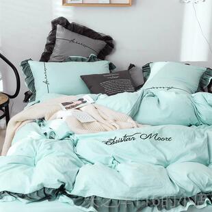 正品轻水风洗棉四件套简约现代奢刺绣磨毛床上用品单被套床床笠网