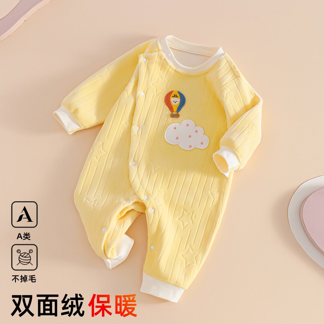 婴儿德绒连体衣秋冬加绒开档保暖冬装加厚宝宝斜襟新生儿衣服无骨
