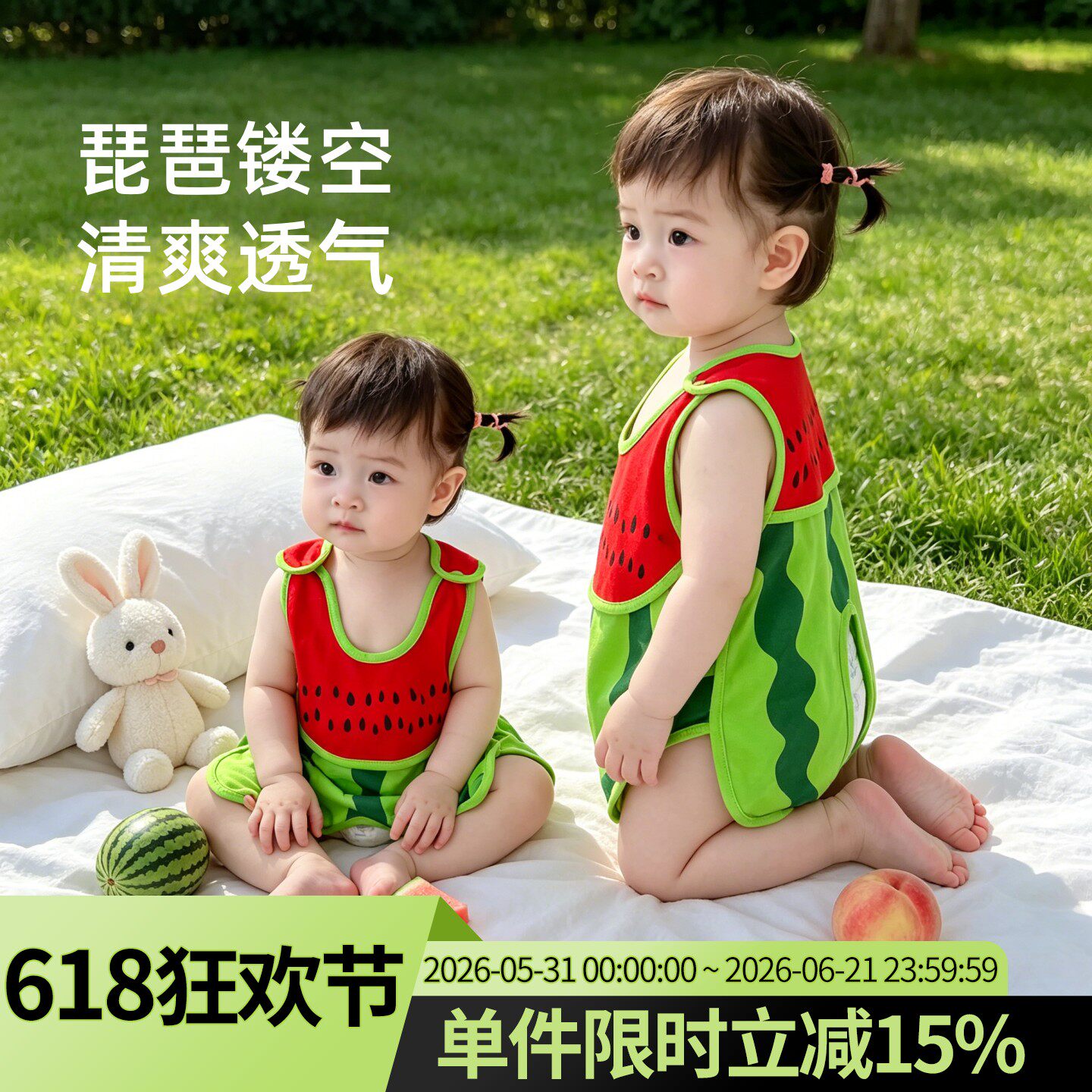 琵琶衣婴儿夏薄款女宝宝吊带背心哈衣纯棉衣服西瓜连体衣开裆夏装