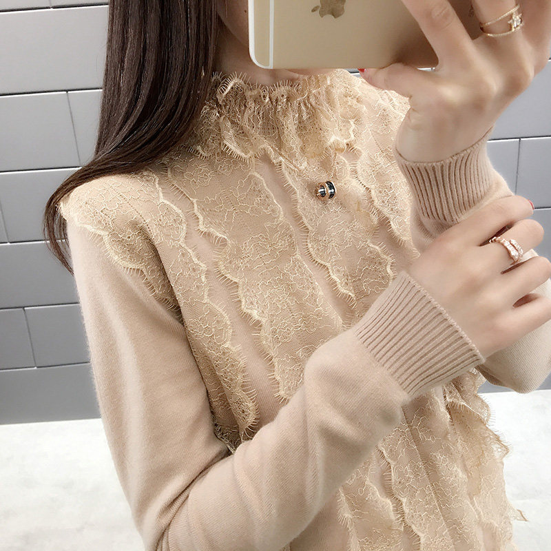 很仙的毛衣洋气百搭好看套头时尚蕾丝加绒打底衫女2021秋冬新款潮