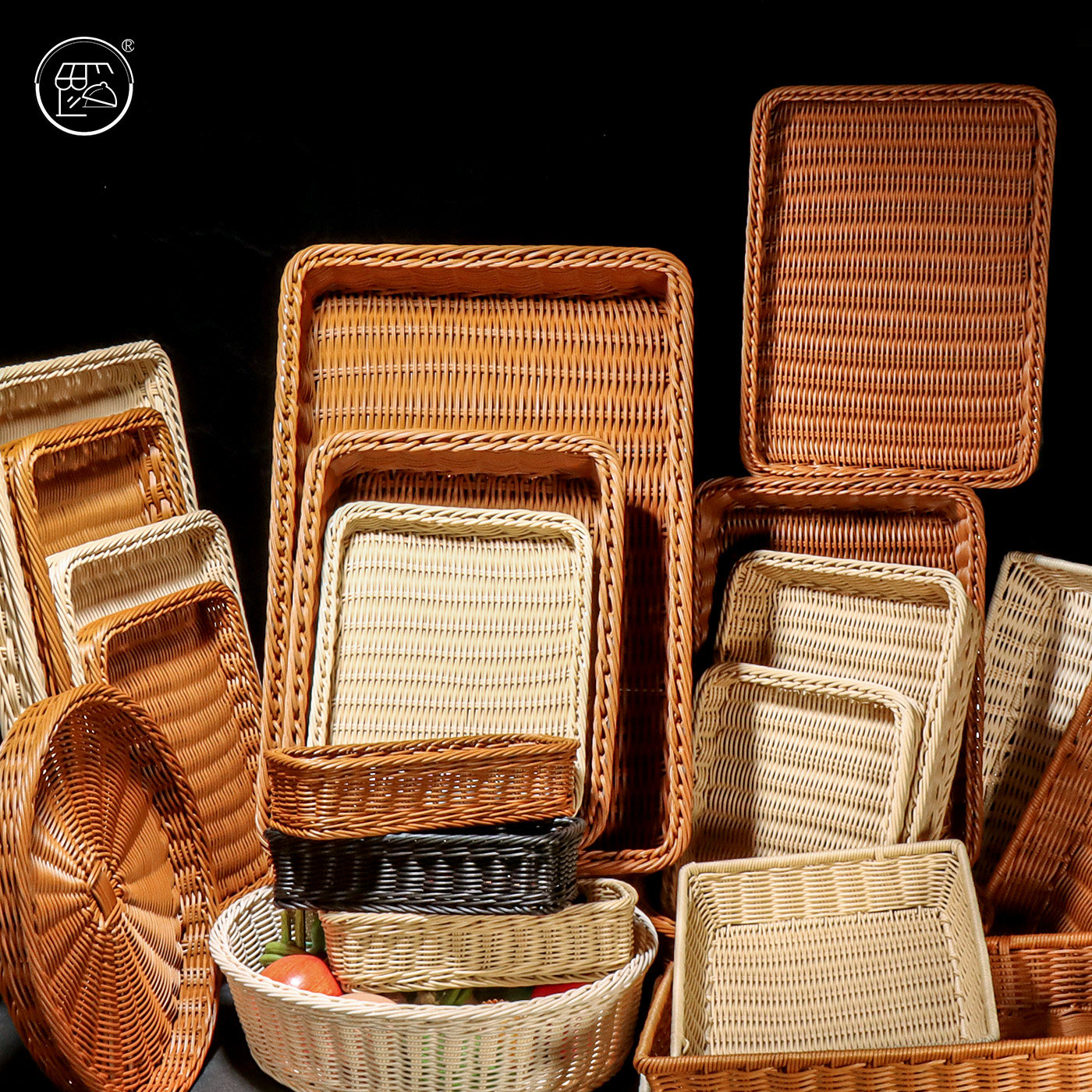 仿藤编收纳筐手工编织面包篮超市果蔬长方形干果盘塑料展示水果篮