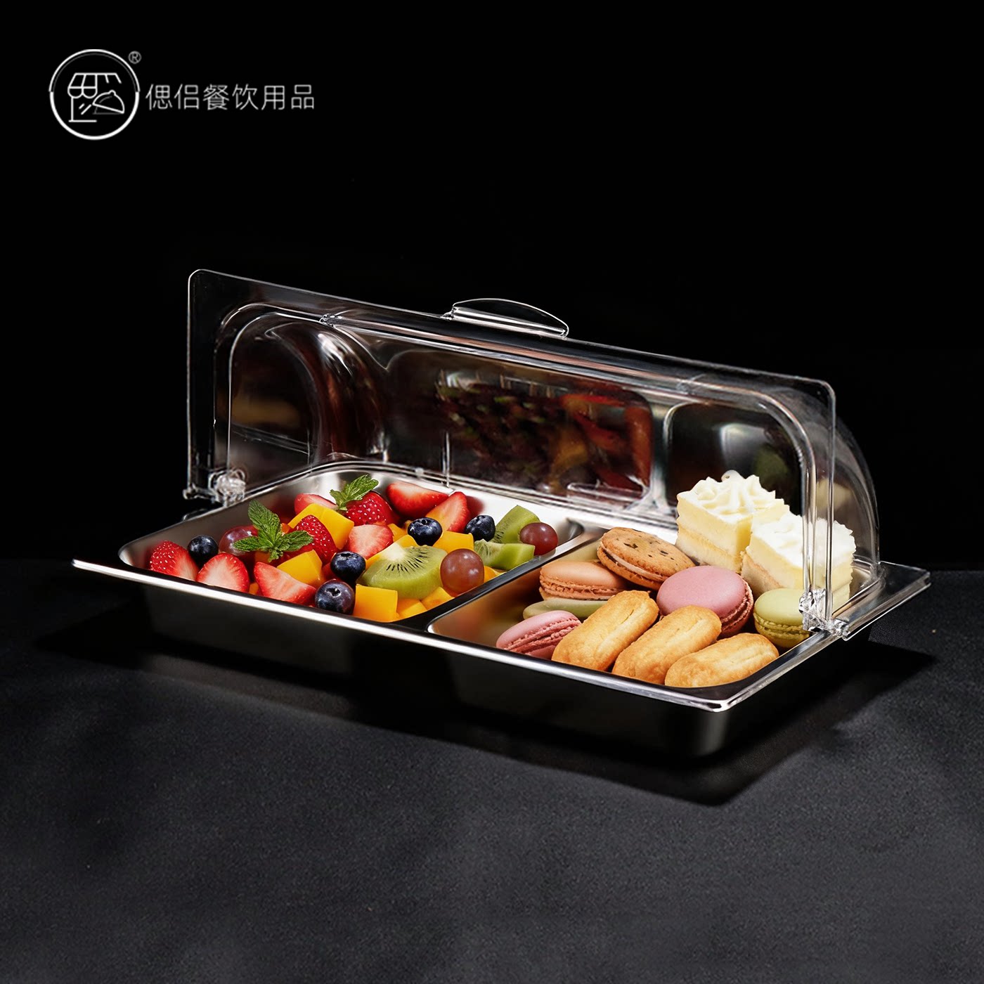 不锈钢双格展示卤菜托盘凉菜水果点心蛋糕食物金色盆带盖保鲜防尘