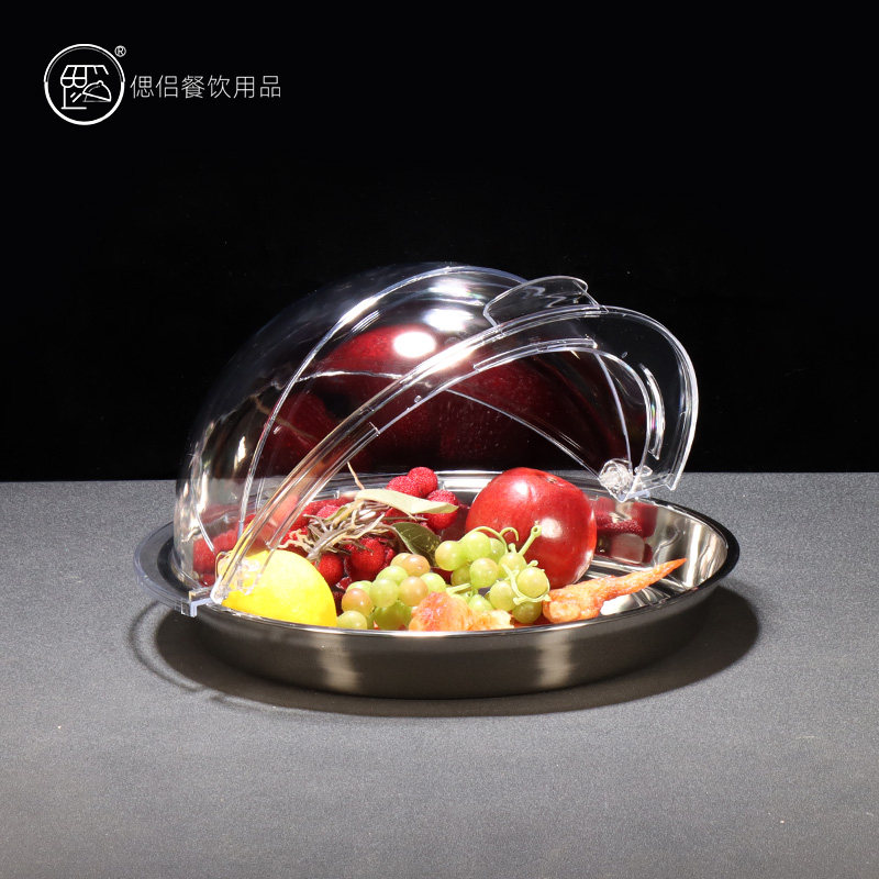 304不锈钢圆形透明蛋糕托盘带盖面包展示水果蛋挞点心糕点自助餐