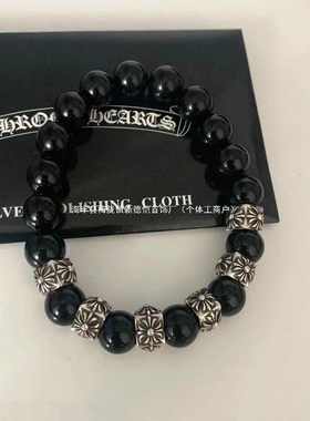 黑曜石串珠10mm925纯银十字架手串男女小众十字花手链复古个性