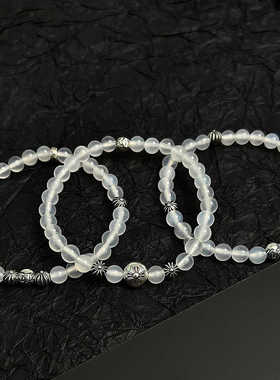 天然白玛瑙手串s925纯银6mm叠戴百搭手链男女情侣礼物饰品时尚