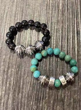 黑曜石绿松石蓝松石字母十字花925银珠 珠珠戒指 指环