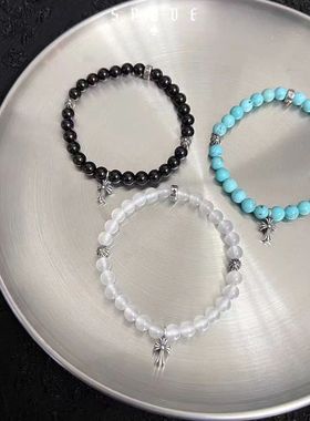 克罗6mm白玛瑙手串网红同款925银黑曜石绿松石手链十字架吊坠