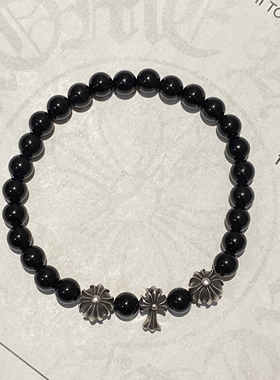 黑曜石手串8MM款朋克风S925纯银十字花手串手链手环男女同款情侣